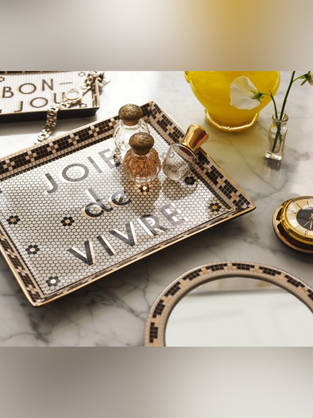 Anthropologie Joie de Vivre Bistro Tile Tray Black White Gold – Discontinued